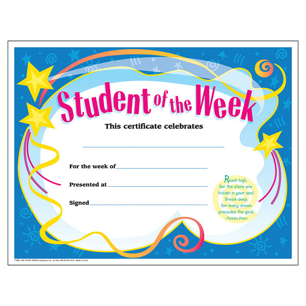 CERTIFICATE STUDENT OF THE 30/PK WEEK 8-1/2 X 11